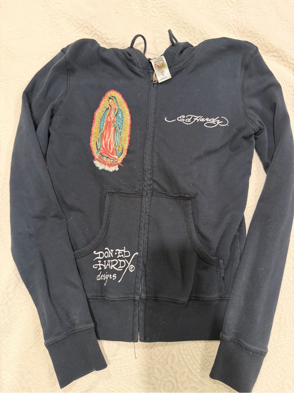 Ed Hardy Black Zip-Up Hoodie with Colorful Guadalupe Patch